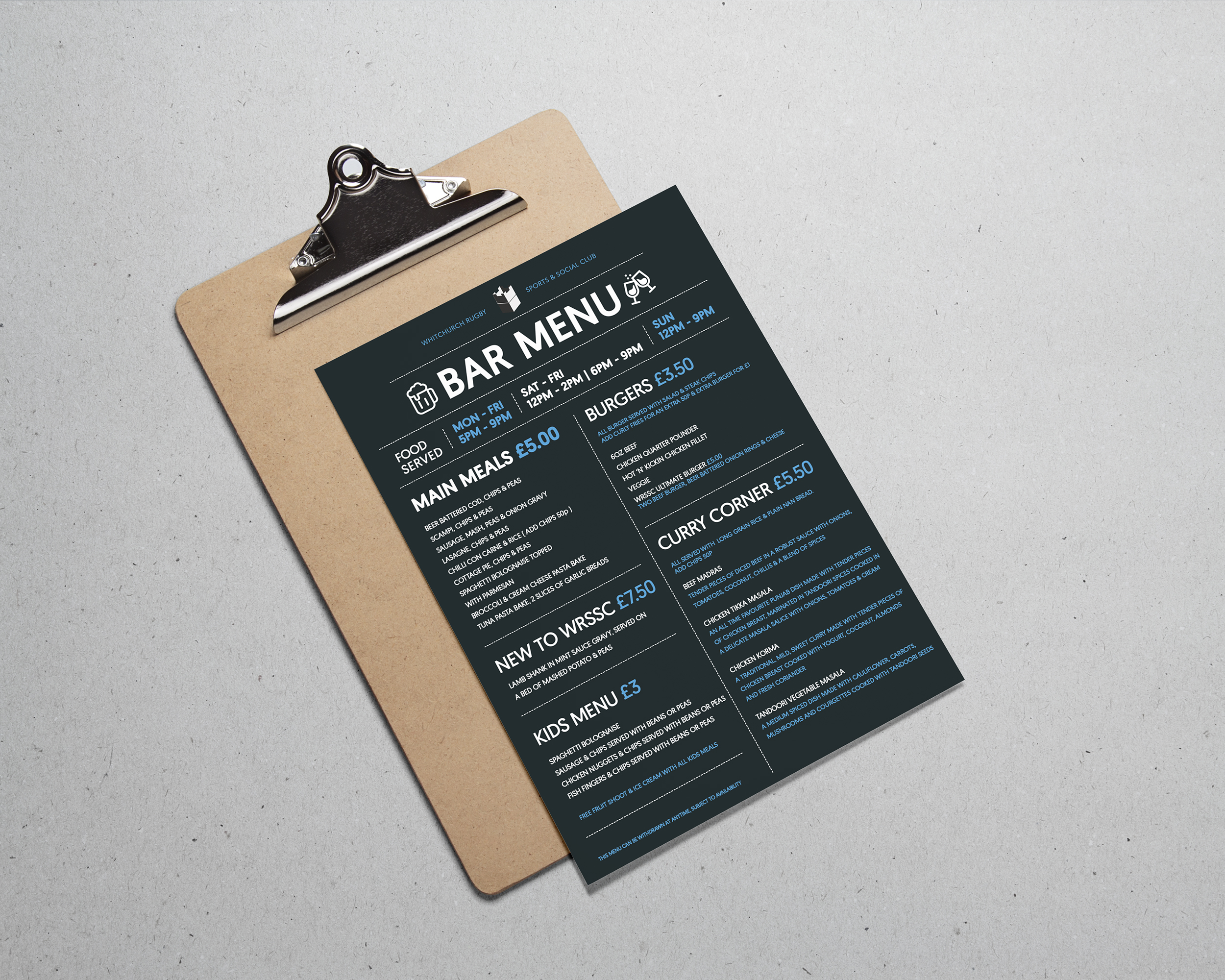 bar menu design on clipboard for WRSSC